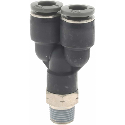 Push-To-Connect Tube to Male & Tube to Male NPT Tube Fitting: Swivel Y Adapter, 1/8" Thread, 1/4" OD