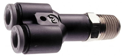 Push-To-Connect Tube to Male & Tube to Male NPT Tube Fitting: Swivel Y Adapter, 1/4" Thread, 3/8" OD