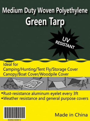 Tarp/Dust Cover: Green, Polyethylene, 10' Long x 8' Wide, 9 to 10 mil