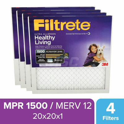 Pleated Air Filter: 20 x 20 x 1", MERV 12, 90% Efficiency