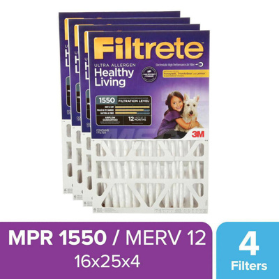 Pleated Air Filter: 16 x 25 x 4", MERV 12, 55% Efficiency