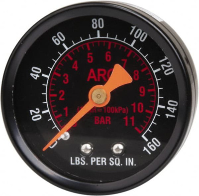 FRL Pressure Gauge: Glass (Lens) & Steel (Case), 1/4" Port, 160 Max psi, Use with Super-Duty Regulat