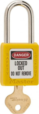Lockout Padlock: Keyed Different, Key Retaining, Thermoplastic, Steel Shackle, Yellow 1/4" Shackle D