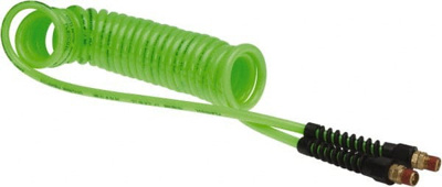 Coiled & Self Storing Hose: 1/4" ID, 15' Long, Male Swivel x Male Swivel with Strain Relief