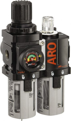 FRL Combination Unit: 1/8 NPT, Miniature, 2 Pc Filter/Regulator-Lubricator with Pressure Gauge