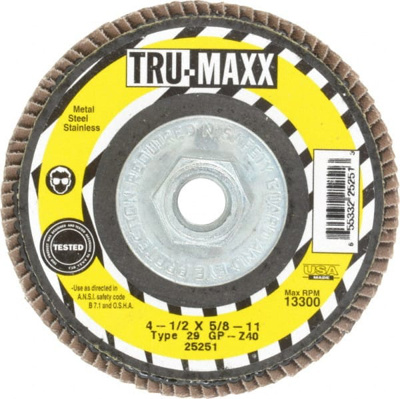 Flap Disc: 5/8-11 Hole, 40 Grit, Zirconia Alumina, Type 29